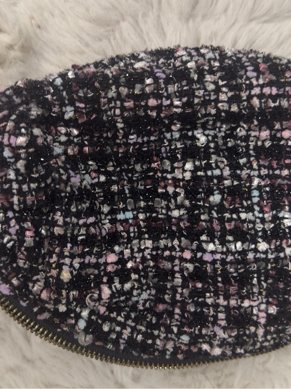 Textured Black Tweed Cosmetic Pouch with Pastel Speckles